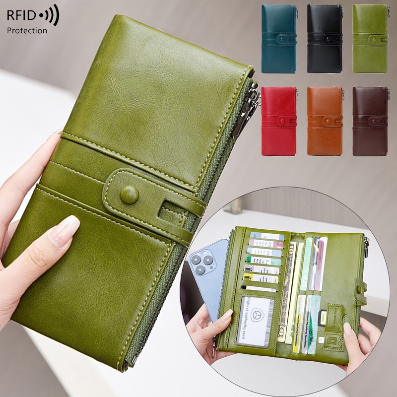 ใหม่ RFID กระเป๋าสตางค์ หนังนิ่ม แว็กซ์น้ํามัน คลัทช์ ป้องกันแม่เหล็ก สําหรับผู้หญิง