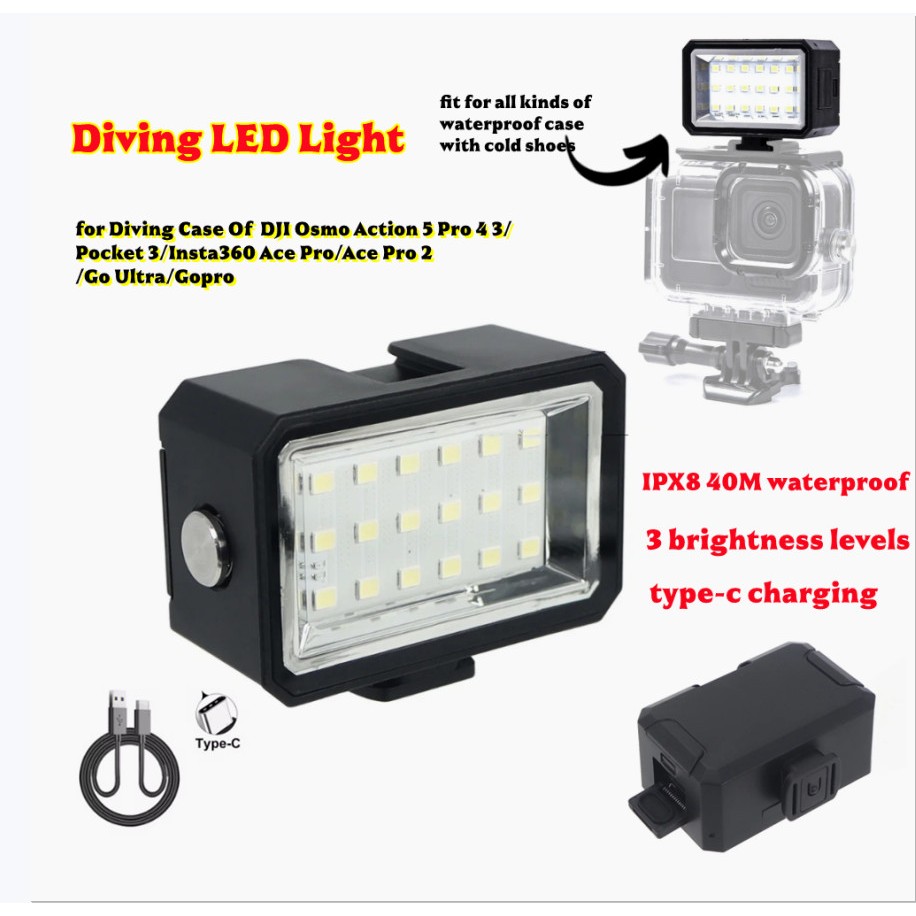 40M กันน้ํา LED ดําน้ําสําหรับ DJI Osmo Action 5 Pro 4 3/Insta360 Ace Pro/Ace Pro 2/Go Ultra Video Dimmable เติมแสง Type-C พอร์ตชาร์จสําหรับ GoPro Hero