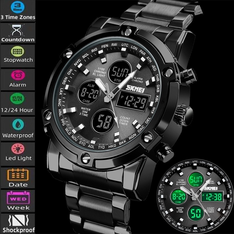 SKMEI สมี สามเวลาโซนทหารกีฬาบุรุษนาฬิกาหรูหราสายสแตนเลสอะนาล็อกจอแสดงผลดิจิตอล น