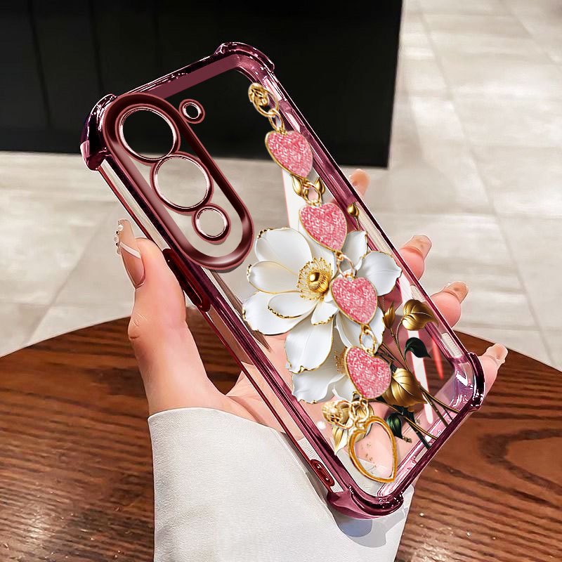 YBDเคสโทรศัพท์สําหรับVivo Y31 5G Y21D 4G Y19S Y29 5G Y04 Y29S Y19E Y29 T4X 5G Soft Shell Anti Drop BorderสีขาวRoseสร้อยข้อมือสายรัด