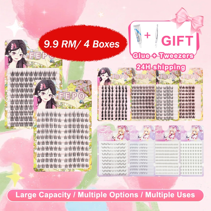 (99/4กล่อง) ขนตาปลอม 10 แถวสะดวกสบายและน้ําหนักเบานํากลับมาใช้ใหม่ด้วยกาวรวม