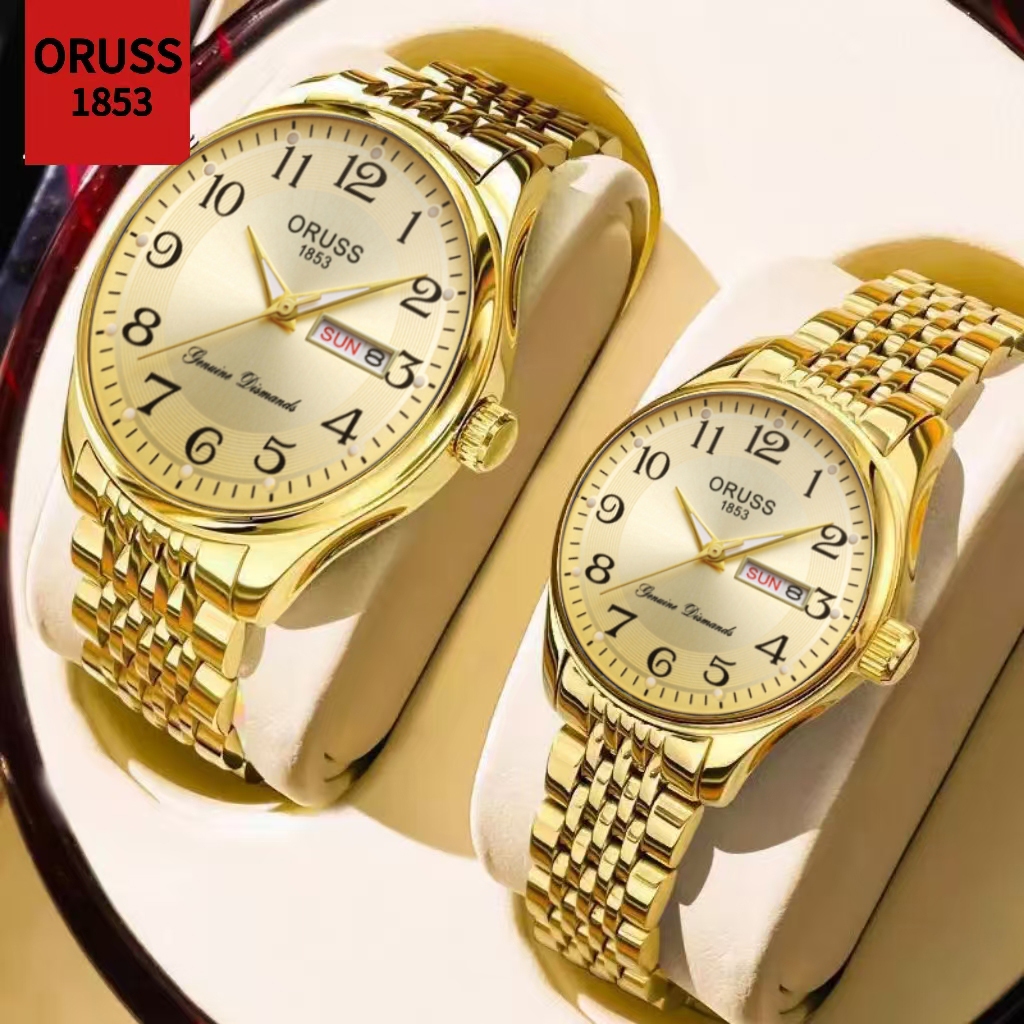 ORUSS รัส คู่เดิมสแตนเลสส่องสว่างหรูหราทองกันน้ําปฏิทินคู่นาฬิกาแฟชั่นเวอร์ชั่นเกาหลีนาฬิกาควอตซ์