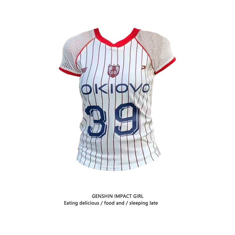 อเมริกันย้อนยุคลายไหล่แขนสั้นตาข่ายเสื้อยืดแขนกลวงสาวร้อนสไตล์กีฬาด้านบน