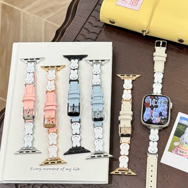 กระต่ายน่ารักสายหนังสําหรับ iwatch Series Ultra/11/10/9, 18/20/22 มม. สายนาฬิกาสากล, เหมาะสําหรับ xiaomi band 8/9Pro
