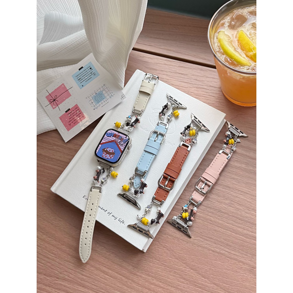 สุนัขไส้กรอกสายหนังสําหรับ iwatch Series Ultra/11/10/9, 18/20/22mm สายนาฬิกาสากล, เหมาะสําหรับ xiaomi band 8/9