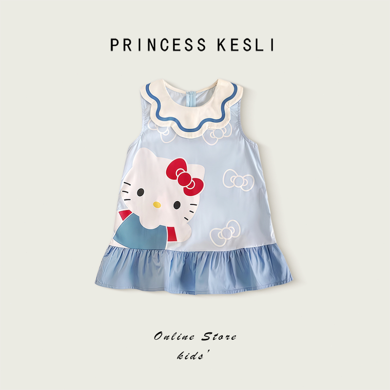 Princess Kesli สาวกระโปรงเสื้อกั๊ก กลีบคอ แขนกุด พิมพ์ลายทั้งตัว ฤดูร้อนใหม่ 1-9 ปี