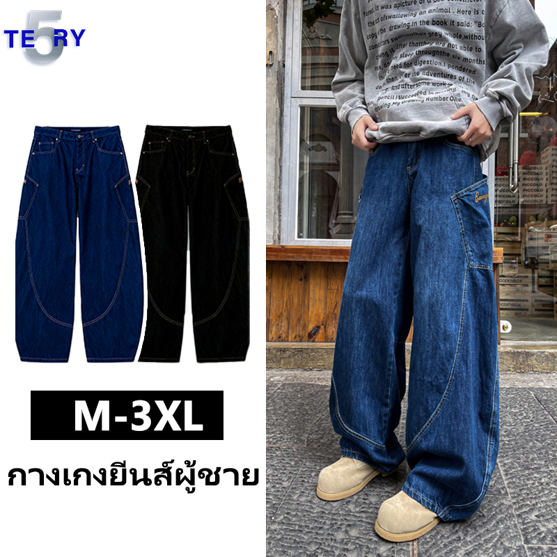 5TERY-กางเกงยีนส์ชาย-American style-ขากว้าง-ย้อนยุค-High Street-ลําลอง-หลวม-COD-จัดส่งจากประเทศไทย-M-3XL