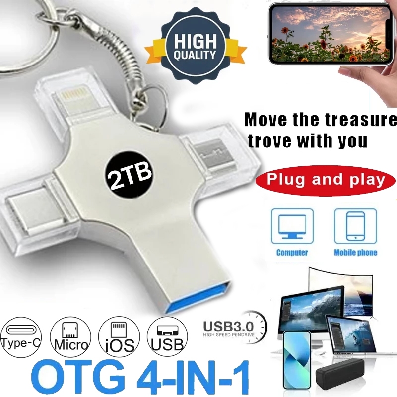 2TB แฟลชไดรฟ์ USB3.0 4 in 1 Pendrive OTG โลหะกันน้ําความเร็วสูง 1TB 512GB 256GB 128GB U Disk Pendriv