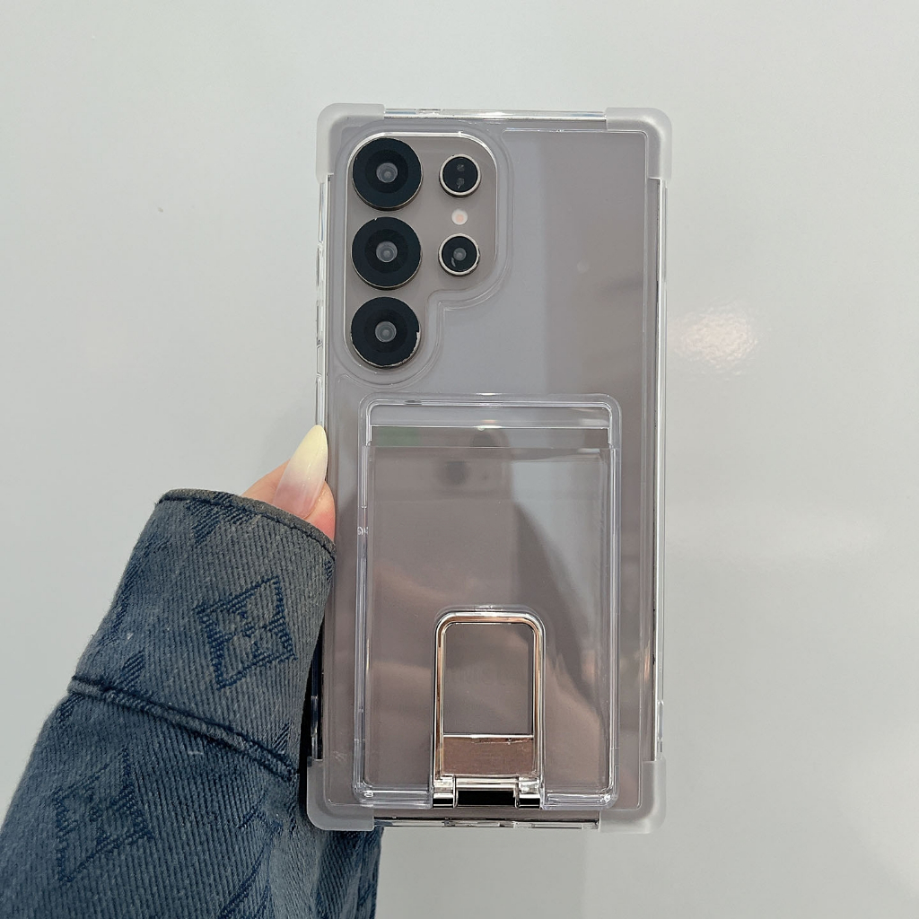 โปร่งใสผู้ถือบัตรสําหรับ Samsung S25 S24 S23 S22 Ultra S21 หมายเหตุ 20 กันกระแทกเคสใสพร้อมขาตั้งโทรศัพท์
