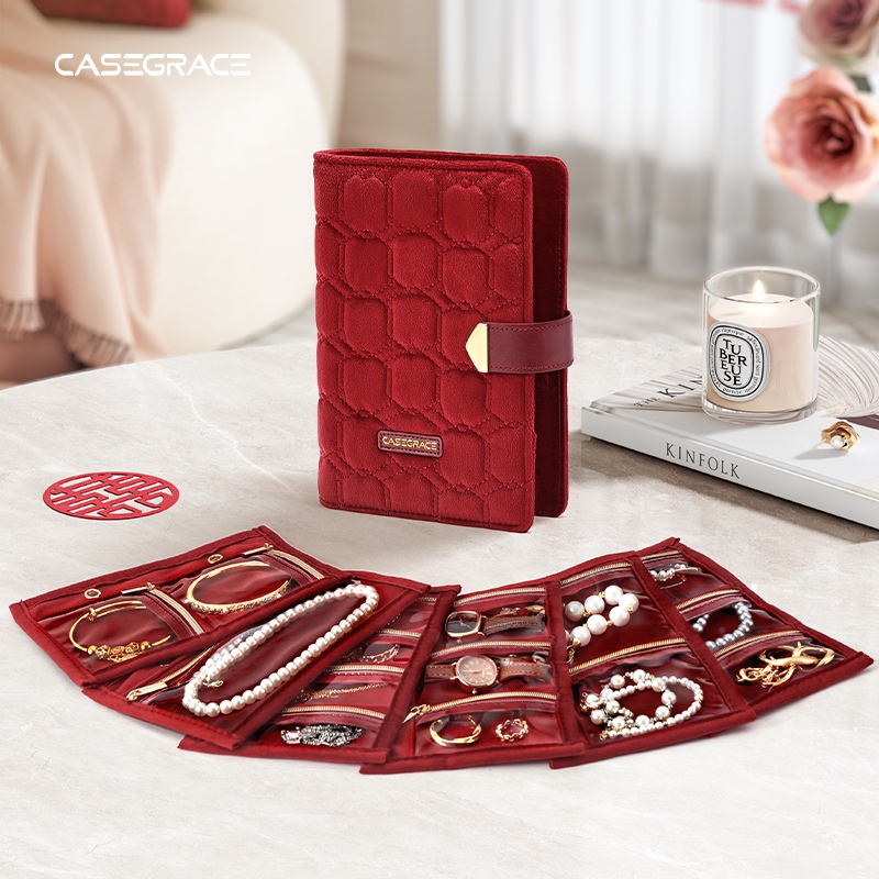 CASEGRACE Travel เครื่องประดับ Organizer กล่องเครื่องประดับขนาดเล็กกระเป๋าเครื่องประดับหนังสือแหวน Binder พร้อมซิปใสกระเป๋ากํามะหยี่ของขวัญแต่งงาน