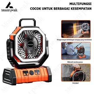 20000mAh rechargeable battery-powered fan with light and 3 high-speed settings, perfect for emergency or camping.