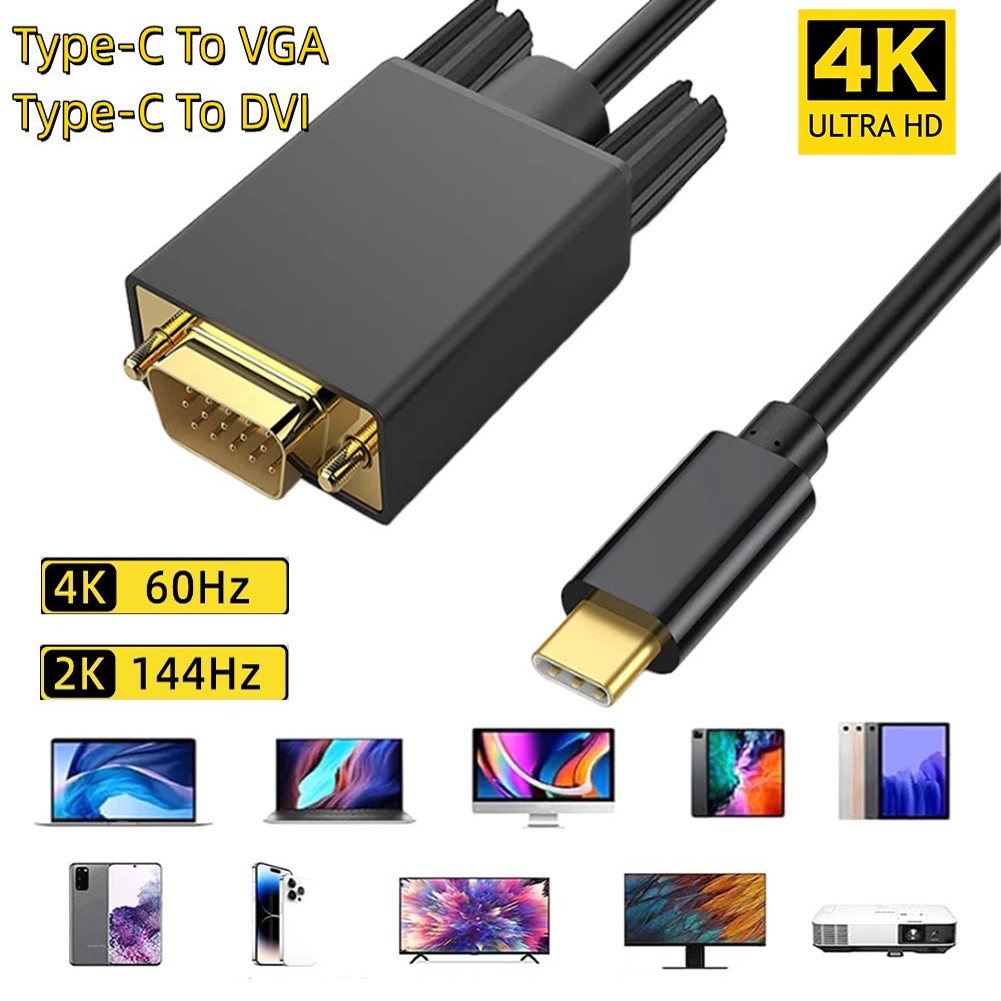 2K 4K 144Hz USB Type C ถึง DVI/VGA อะแดปเตอร์ 1.8M USB3.1 สายวิดีโอ Converter สําหรับจอคอมพิวเตอร์