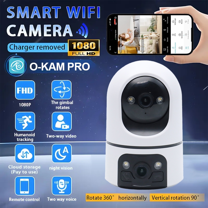 O-KAM PRO 2K HD Dual เลนส์กล้องวงจรปิดบ้านในร่ม IP สมาร์ท Wifi เชื่อมต่อโทรศัพท์มือถือ Night Vision 