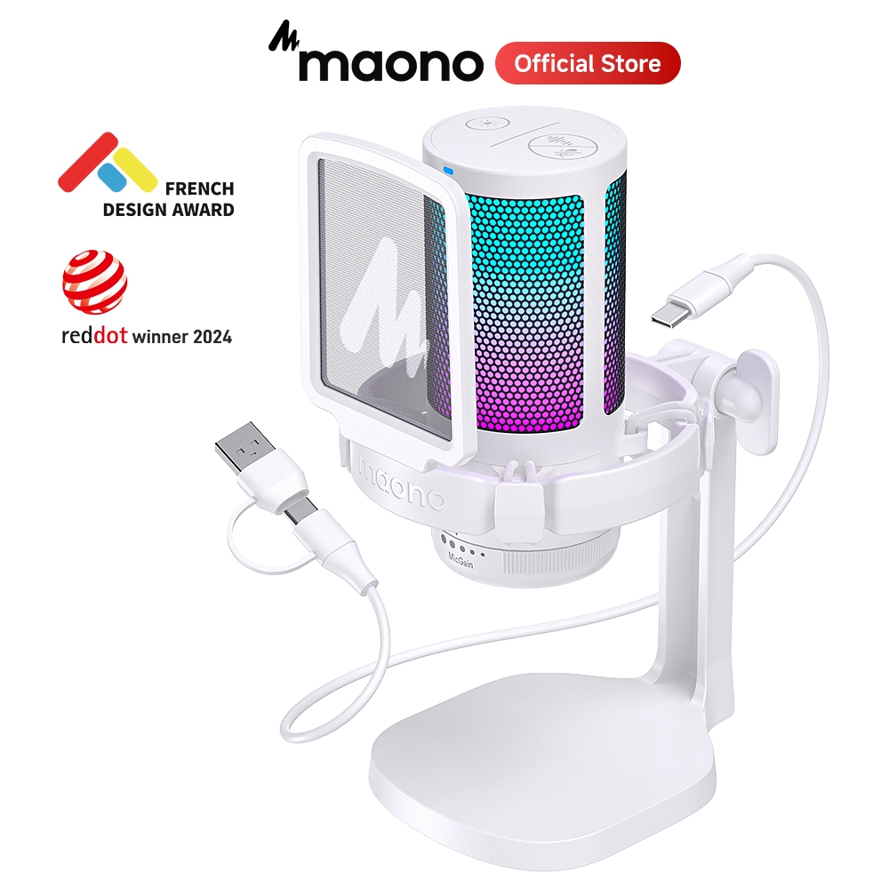 Maono DGM20 ไมโครโฟนเกมมิ่ง RGB USB ตัดเสียงรบกวน ควบคุมด้วยเสียง พอดคาสต์ แชท สวิตช์ YouTube PS5 PS4 สีขาว สําหรับ PC โทรศัพท์ สตรีมมิ่ง บันทึกเสียง