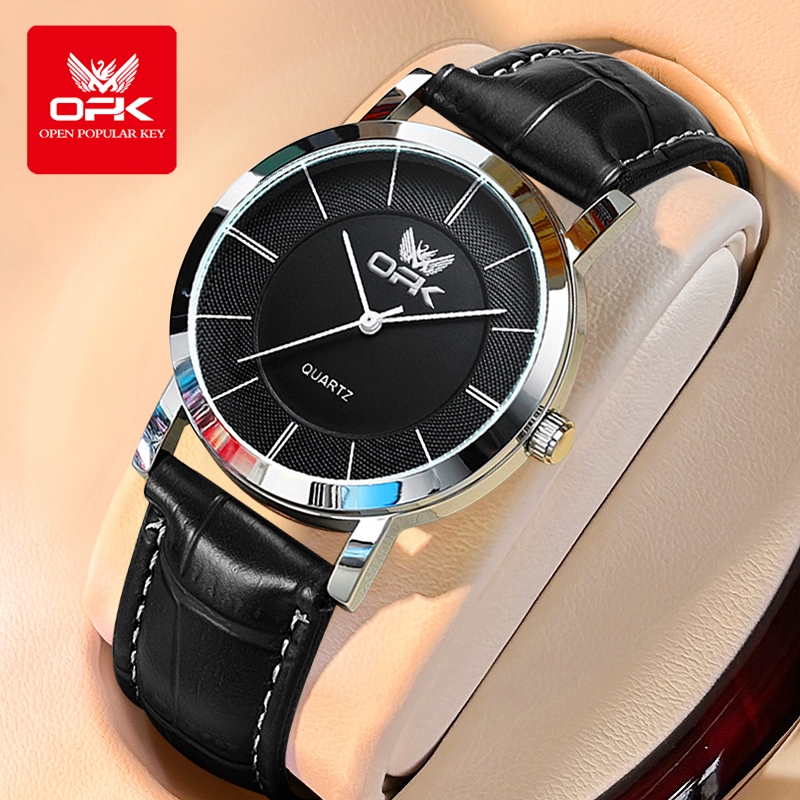 OPK นาฬิกา relo ลําลองสําหรับผู้ชายนาฬิกาแฟชั่นหนังแท้กันน้ําสีดํา