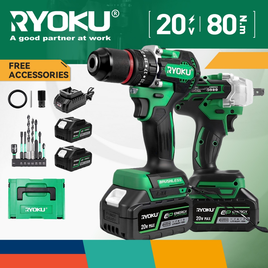 RYOKU ชุดเครื่องมือไฟฟ้าไร้สายพร้อมสว่านไร้แปรงถ่าน 13 มม. และประแจ 500NM