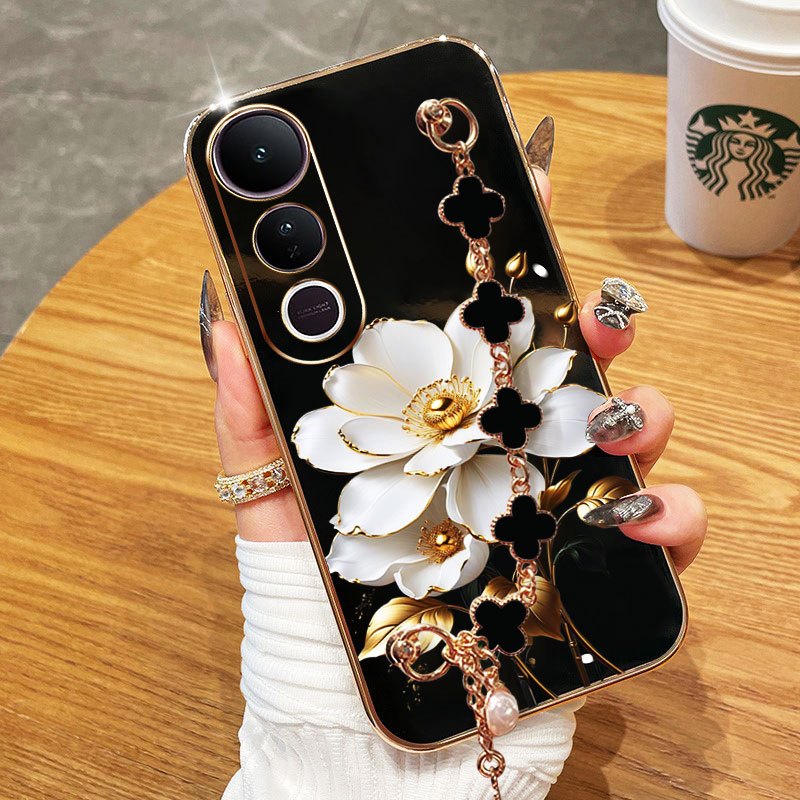 YBDเคสโทรศัพท์สําหรับVivo Y31 5G Y21D V60 Lite V40 Lite Y300 Y200 4G 5G V50 Lite V50EพนมเปญสีขาวRoseหรูหราซิลิโคนอ่อนนุ่มกรณีสายรัดข้อมือ