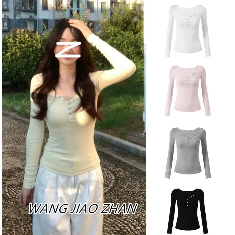 【WJZ】เสื้อยืดแขนยาวทรงเข้ารูปคอวีติดกระดุมแฟชั่นเกาหลีสำหรับผู้หญิง【7831】
