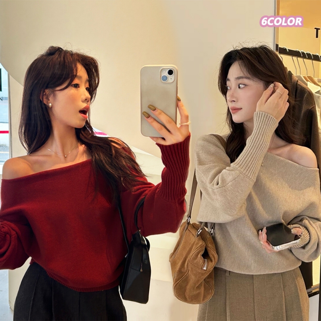 ผู้หญิง เปิดไหล่ เสื้อถัก เสื้อกันหนาว สไตล์เกาหลี หลวม เสื้อกันหนาวสีทึบ(จัดส่งในกรุงเทพฯ)