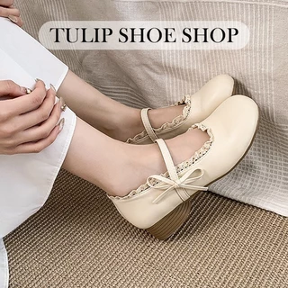 TULIP SHOE รองเท้าแมรี่เจนผู้หญิงสุดเก๋ รองเท้าส้นแบนผู้หญิงสไตล์เกาหลี ตกแต่งด้วยโบว์ลูกไม้ หวานและน่ารัก