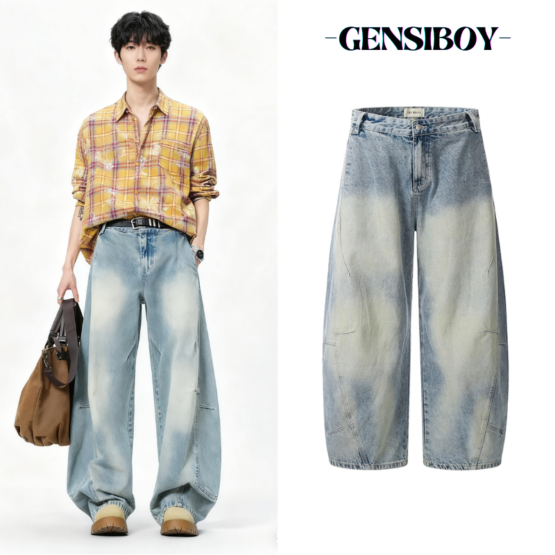 Gensiboy-กางเกงยีนส์ผู้ชาย เอวสูง ทรงบอลลูน ขากว้างหลวม  ย้อนยุคอเมริกัน เข้ากับทุกสไตส์ baggy jeans