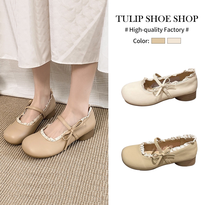 TULIP SHOE รองเท้าแมรี่เจนผู้หญิงสุดเก๋ รองเท้าส้นแบนผู้หญิงสไตล์เกาหลี ตกแต่งด้วยโบว์ลูกไม้ หวานและน่ารัก