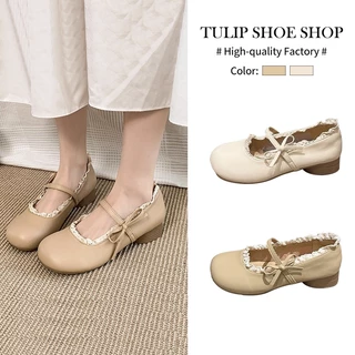 TULIP SHOE รองเท้าแมรี่เจนผู้หญิงสุดเก๋ รองเท้าส้นแบนผู้หญิงสไตล์เกาหลี ตกแต่งด้วยโบว์ลูกไม้ หวานและน่ารัก