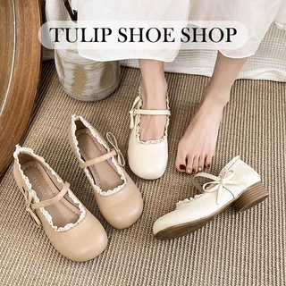 TULIP SHOE รองเท้าแมรี่เจนผู้หญิงสุดเก๋ รองเท้าส้นแบนผู้หญิงสไตล์เกาหลี ตกแต่งด้วยโบว์ลูกไม้ หวานและน่ารัก