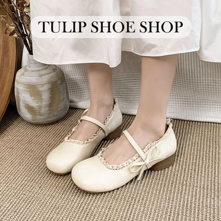 TULIP SHOE รองเท้าแมรี่เจนผู้หญิงสุดเก๋ รองเท้าส้นแบนผู้หญิงสไตล์เกาหลี ตกแต่งด้วยโบว์ลูกไม้ หวานและน่ารัก
