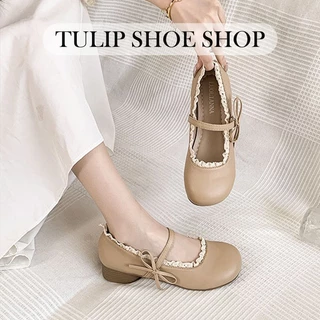 TULIP SHOE รองเท้าแมรี่เจนผู้หญิงสุดเก๋ รองเท้าส้นแบนผู้หญิงสไตล์เกาหลี ตกแต่งด้วยโบว์ลูกไม้ หวานและน่ารัก