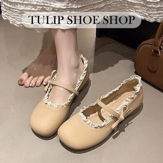 TULIP SHOE รองเท้าแมรี่เจนผู้หญิงสุดเก๋ รองเท้าส้นแบนผู้หญิงสไตล์เกาหลี ตกแต่งด้วยโบว์ลูกไม้ หวานและน่ารัก