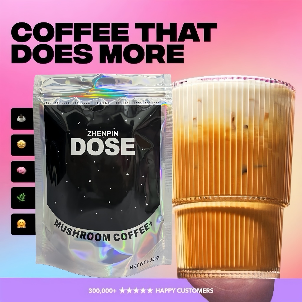 กาแฟเห็ดปรับตัวพรีเมี่ยมพร้อมคอลลาเจนหญ้า-Fed, Chaga, Lions Mane & L-Theanine สําหรับโฟกัสที่ดีขึ้น,