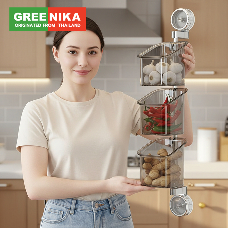 GREENIKA ชั้นวางของในครัว ชั้นวางติดผนังห้องครัว ชั้นเก็บของในครัว ชั้นวางผัก 3 ชั้น มินิมอล ไม่ต้องเจาะ หมุนง่าย หยิบของได้ทันใจ ประหยัดพื้นที่