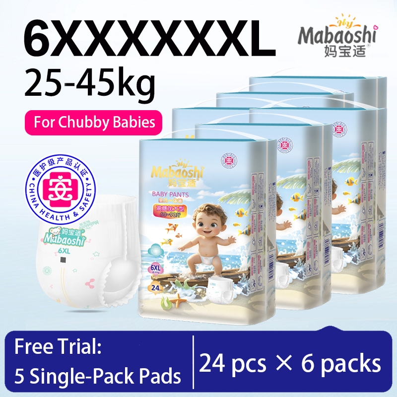 Mabaoshi Baby 144 ชิ้น/6 แพ็คผ้าอ้อมเด็ก Breathable Pull-ups กางเกงผ้าอ้อมเกาหลีสําหรับทารกอ้วนขนาดใหญ่ 6XL ฟรี 5 ชิ้น