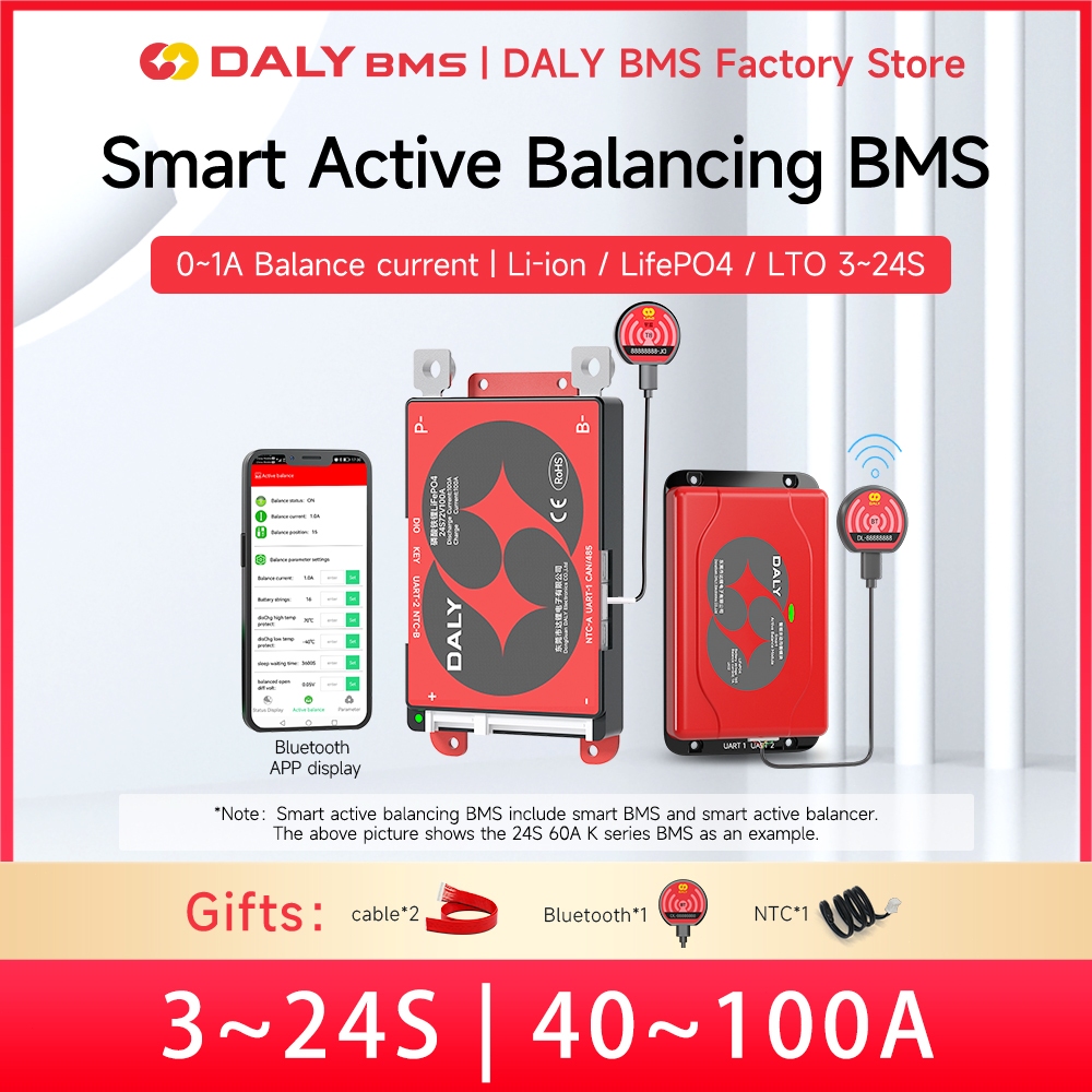 DALY สมาร์ท BMS + สมาร์ท active balancer สําหรับ Lifepo Li-ion 3S 4S 7S 8S 12S 12V 24V 36V 48V 40A 6