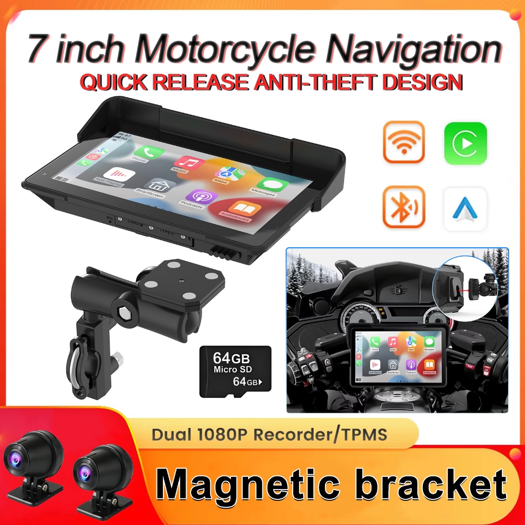 ✨2025✨รถจักรยานยนต์ carplay นําทางวงเล็บแม่เหล็กรถจักรยานยนต์ TPMS 7 นิ้ว IPX8 กันน้ํา HD Voice Assistant หน้าจอ IPS GPS Recorder Android อัตโนมัติ