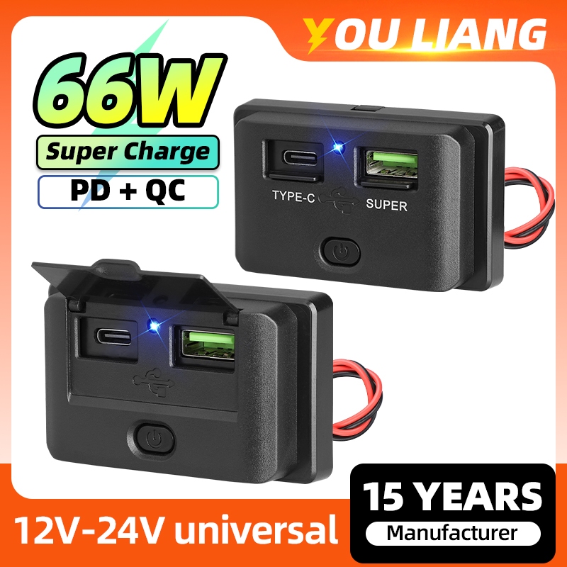 12V USB Outlet Surface Mount Type-C 30W QC 18W Car Port Charger Socket Panel พร้อมปุ่มสวิทช์สําหรับ RV Bus Marine รถจักรยานยนต์