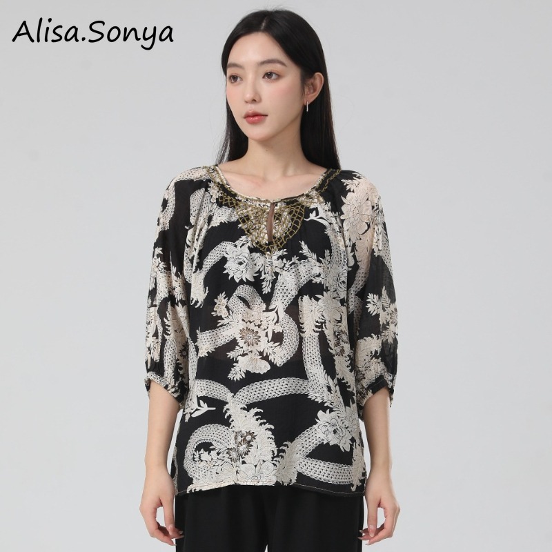 Alisa.Sonya เสื้อเชิ้ตลําลองลายดอกไม้บางฤดูร้อนของผู้หญิงเสื้อคอกลมพิมพ์ลาย 24AS1361