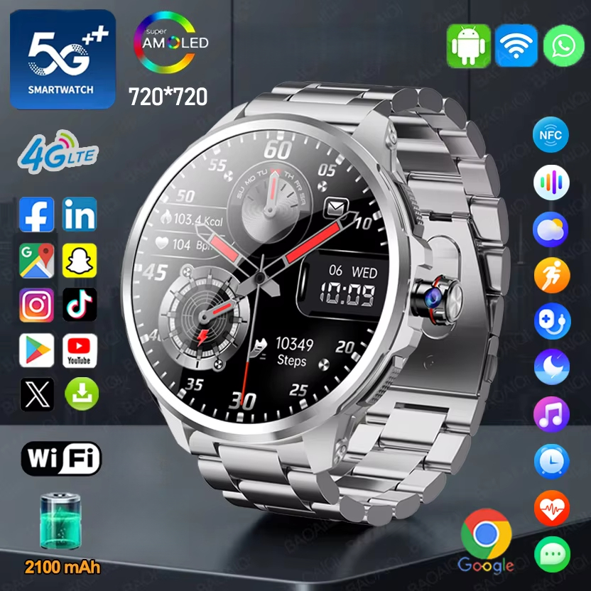 5G/4G สมาร์ทนาฬิกา 1.95 นิ้ว 720*720 AMOLED HD 900W นาฬิกากล้อง 8GB + 128GB RAM 2100mAh GPS WIFI Goo