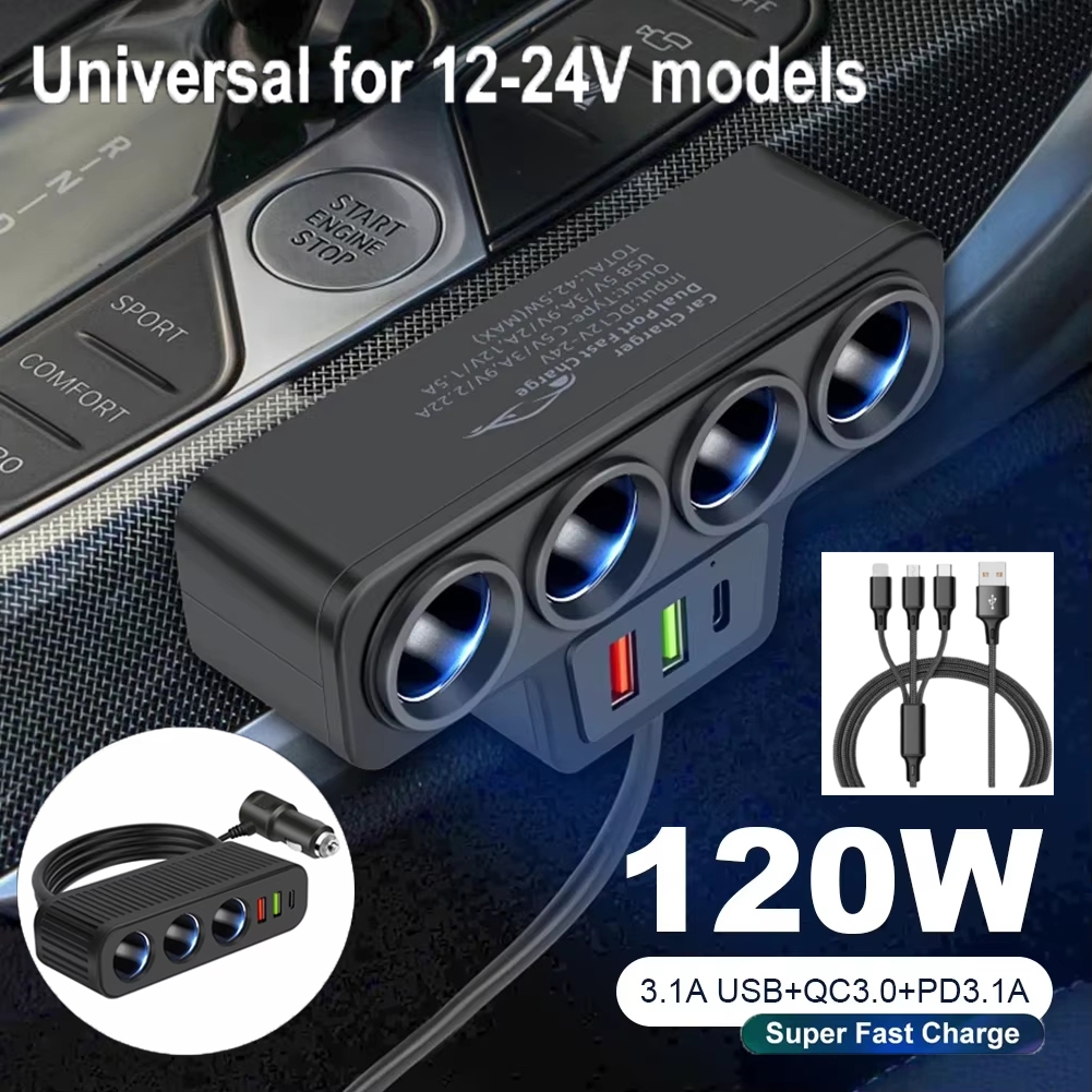 12V/24V USB Type C PD ซ็อกเก็ต 120W รถไฟแช็ก Splitter Fast Charger อะแดปเตอร์แปลงไฟโทรศัพท์สําหรับรถยนต์ DVR GPS Dashcam