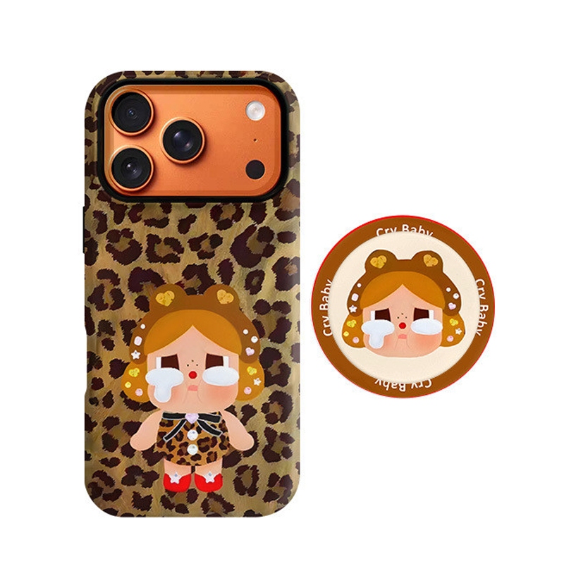 น่ารักร้องไห้ ที่รัก เสือดาวพิมพ์เคสโทรศัพท์ + ขาตั้งแม่เหล็ก, ฟิล์ม 2-ใน-1 กันกระแทกกันฝุ่นป้องกันรอยขีดข่วนกรณีแม่เหล็กสําหรับ ไอโฟน 17/16/15/14/13/12