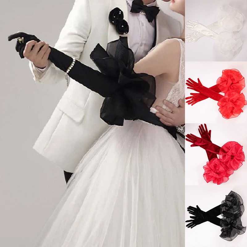 ถุงมือกำมะหยี่ organza ruffles 2 ชิ้น สไตล์เจ้าสาว สำหรับผู้หญิง