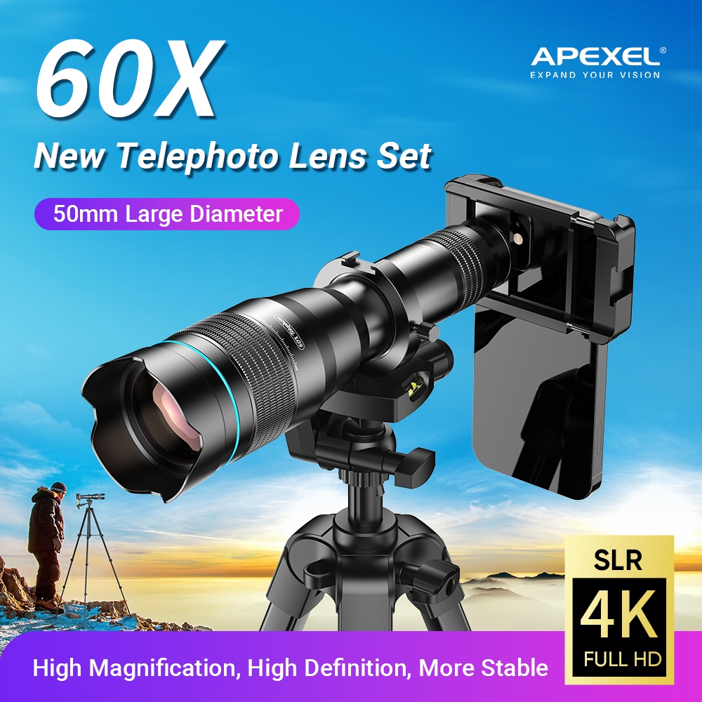 APEXEL HD 36X, 20-40X, 20-60X, 60X, เลนส์โทรศัพท์เทเลโฟโต้ซูมพร้อมขาตั้งกล้องสําหรับอุปกรณ์เสริมเลนส