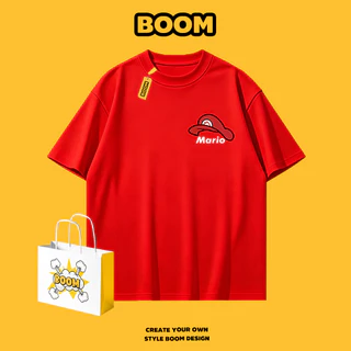 BOOM เสื้อยืดชายหญิงแขนสั้น ลายการ์ตูนมาริโอ ผ้า cotton 100% ทรงหลวม เสื้อยืดคอกลม นุ่มสบาย ระบายอากาศ คุณภาพดี
