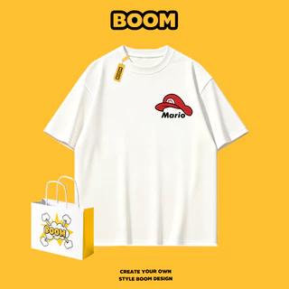 BOOM เสื้อยืดชายหญิงแขนสั้น ลายการ์ตูนมาริโอ ผ้า cotton 100% ทรงหลวม เสื้อยืดคอกลม นุ่มสบาย ระบายอากาศ คุณภาพดี