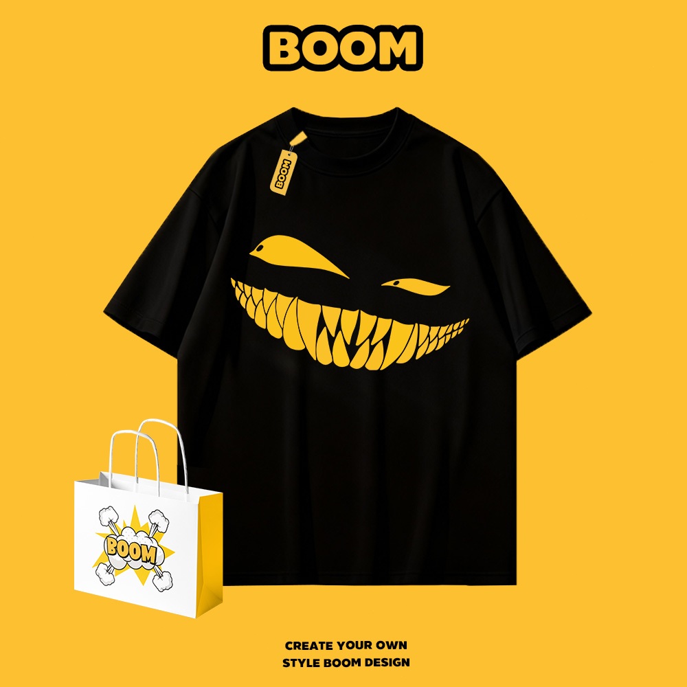 BOOM เสื้อยืดผู้ชาย แฟชั่นใหม่ เสื้อยืดแขนสั้น ผ้าฝ้าย 100% ทรงหลวม สตรีทฮิปฮอป นุ่มสบาย ระบายอากาศดี