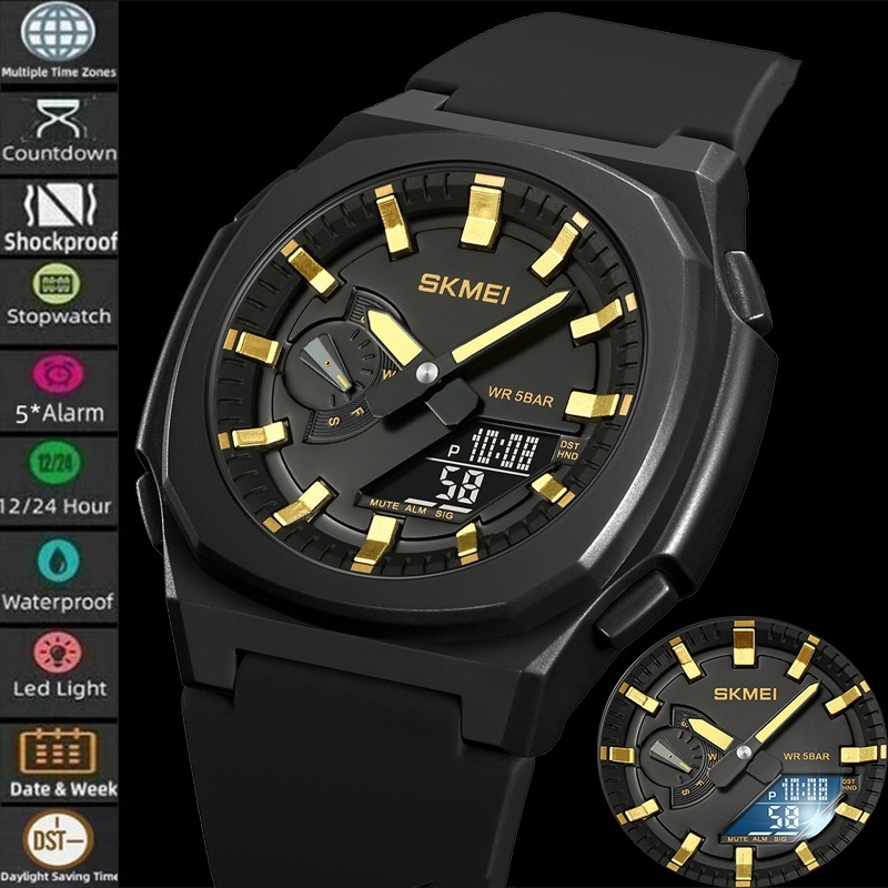 Skmei นาฬิกาข้อมือควอตซ์ดิจิทัล สายซิลิโคนนิ่ม มีไฟ Led แสดงเวลาโลก 5 ตัว สไตล์สปอร์ต แฟชั่นสําหรับผู้ชาย