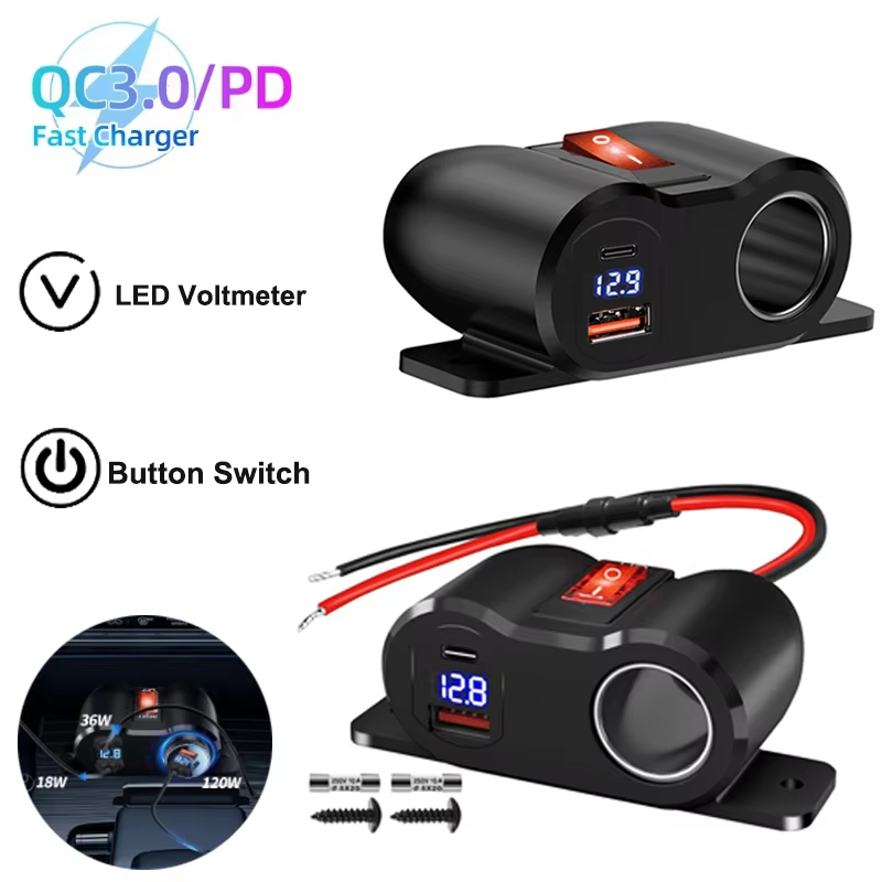 120W Dual QC3.0 & PD3.0 Outlet ไฟแช็กซ็อกเก็ต Splitter LED โวลต์มิเตอร์/Rocker สําหรับรถยนต์ RV Mari