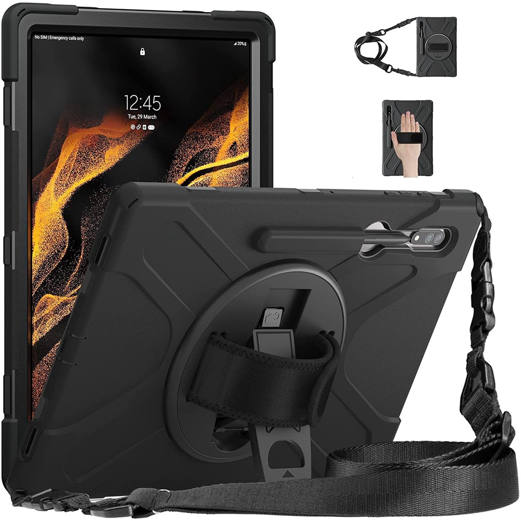เคสสําหรับงานหนักพร้อมสายสะพายไหล่เข็มขัดหมุนสําหรับ Samsung Galaxy Tab S11 Ultra/S10 Ultra/S9 Ultra/S8 Ultra/S10 Lite/S10 FE+/S10+/S9 FE+/S8+/S8S7 /S9+/S7/A9+
