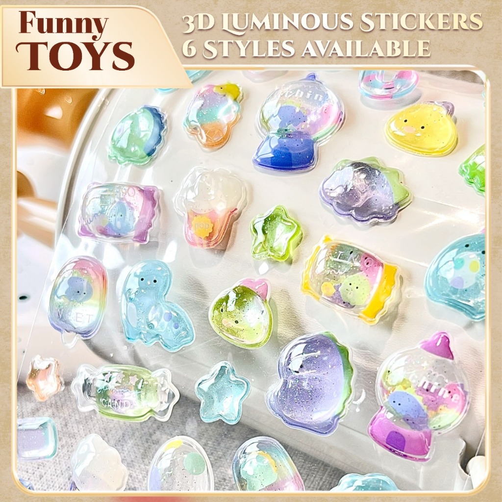 สติ๊กเกอร์เรืองแสงคริสตัล 3D การ์ตูนน่ารักนูนสติกเกอร์แข็งสมุดภาพวารสารตกแต่งของขวัญ
